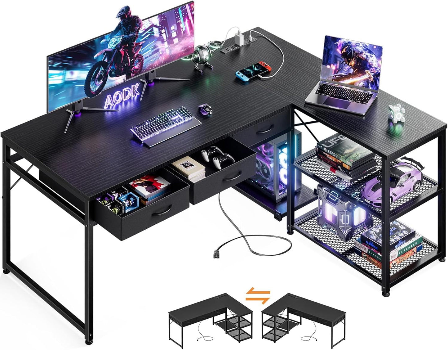 53 Inch L Shaped Computer Desk with Drawers, Corner Desk with Power Outlets & Reversible Storage Shelves, Movable CPU Stand for Home Office Gaming, Black