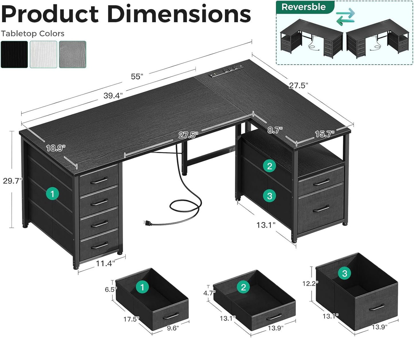 L Shaped Computer Desk with 6 Drawers & Power Outlet, 55 Inch Corner Desk with Reversible Storage Shelf & File Drawer, Home Office Desk, Black