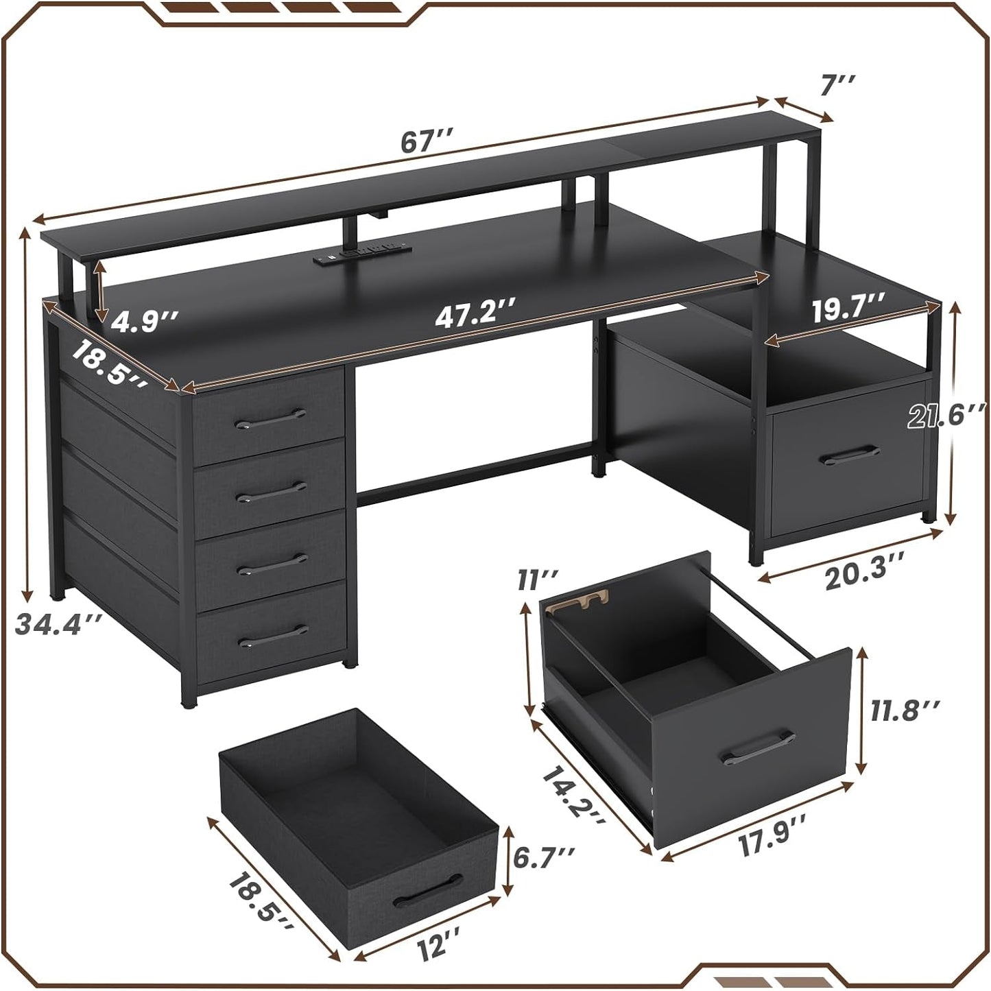 Computer Desk with 5 Drawer, Power Outlet & Led Lights, 66'' Home Office Desk with File Drawer, Storage, Monitor Shelf, Gaming Desk, Black