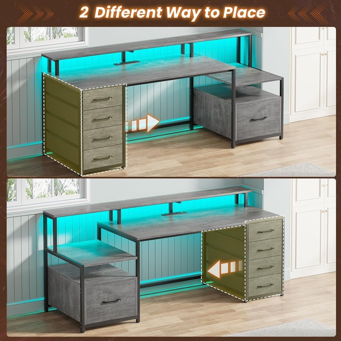 Home Office Desk with File Drawer & Power Outlet, 66'' Computer Desk with 5 Drawer, Storage Shelves, Printer Cabinet and Monitor Shelf, Gaming Desk with Led Lights, Grey