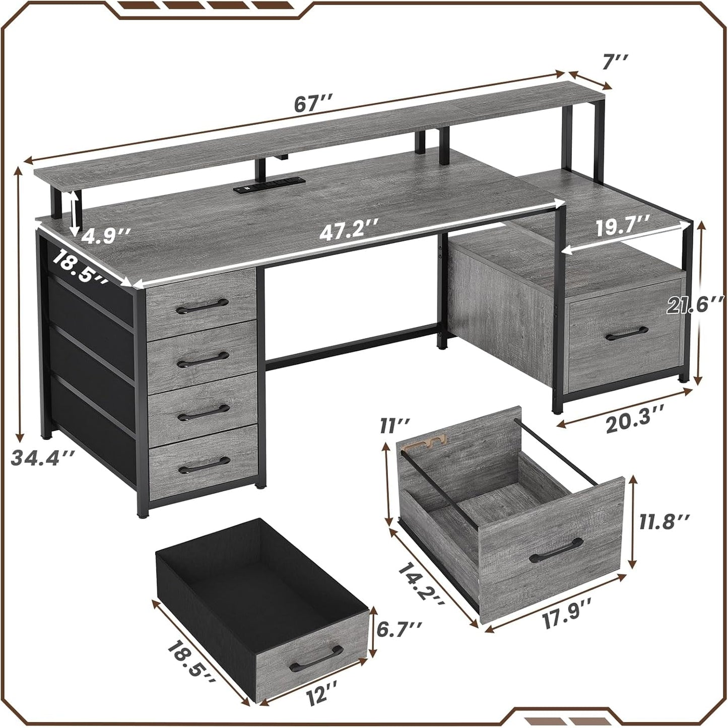 Home Office Desk with File Drawer & Power Outlet, 66'' Computer Desk with 5 Drawer, Storage Shelves, Printer Cabinet and Monitor Shelf, Gaming Desk with Led Lights, Grey