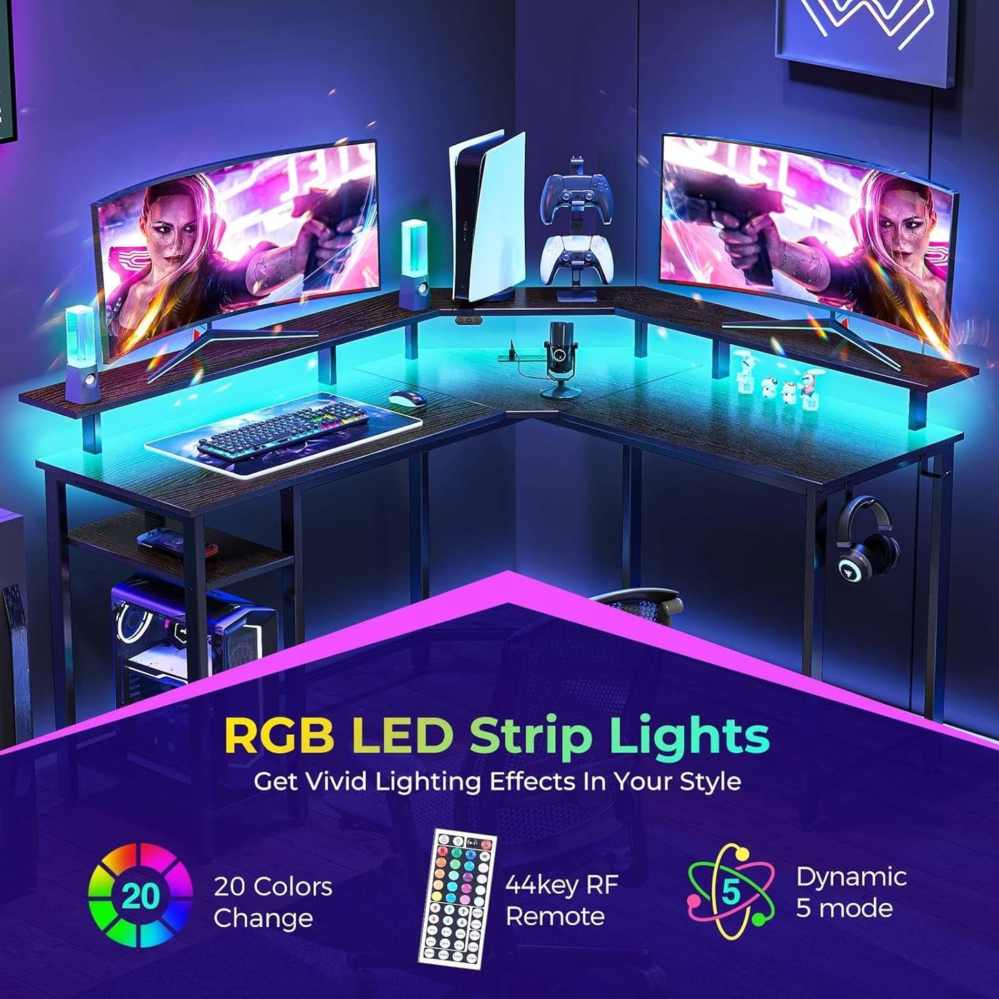 L Shaped Gaming Desk with LED Lights & Power Outlets, 46.2" Computer Desk with Full Monitor Stand & Storage Shelf, Corner Desk with Hooks, Black Desk Reversible