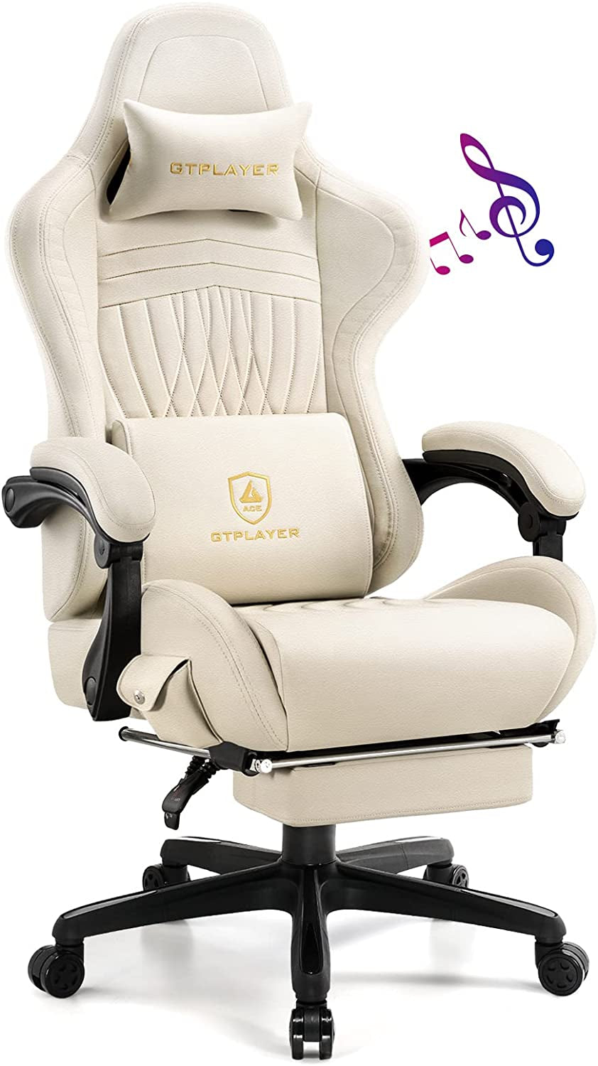 Bluetooth Speaker Gaming Chair with Footrest, Ivory