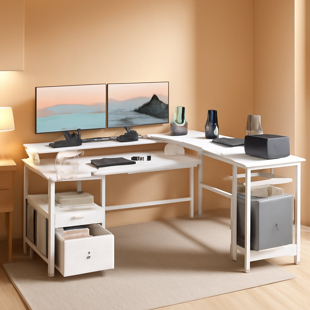 66” L Shaped Desk with Power Outlet, Reversible Computer Gaming Desk with File Drawer & 2 Monitor Stands for Home Office with Storage Shelves, White
