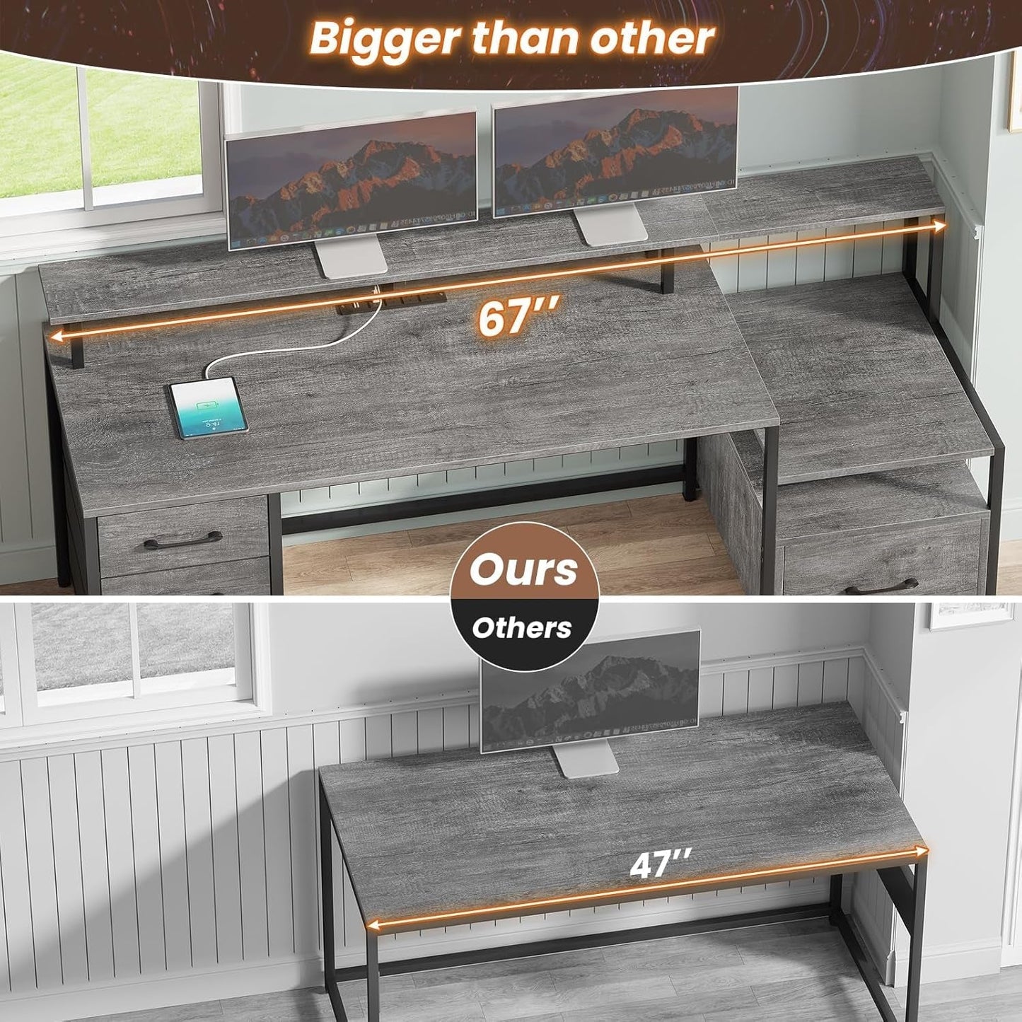 Home Office Desk with File Drawer & Power Outlet, 66'' Computer Desk with 5 Drawer, Storage Shelves, Printer Cabinet and Monitor Shelf, Gaming Desk with Led Lights, Grey