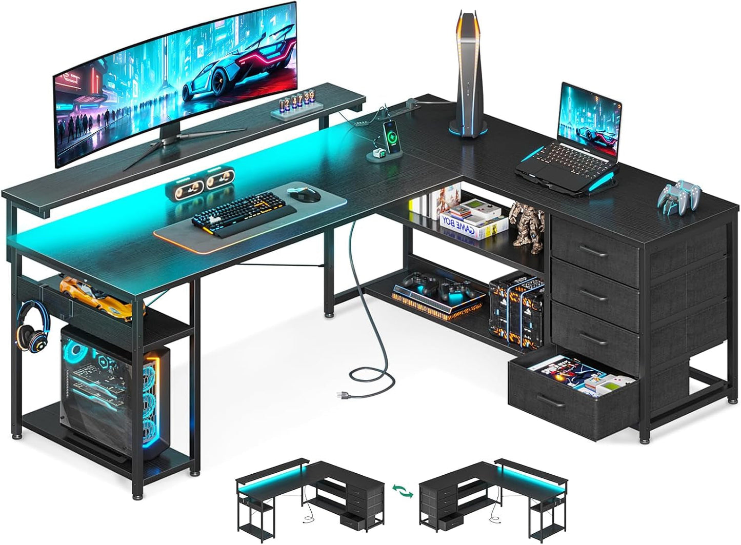 61" L Shaped Desk with Drawer, Computer Desk with Power Outlets & LED Lights, Reversible Corner Gaming Desk for Home Office Workstation, Office Desk with Monitor Shelf, Pure Black