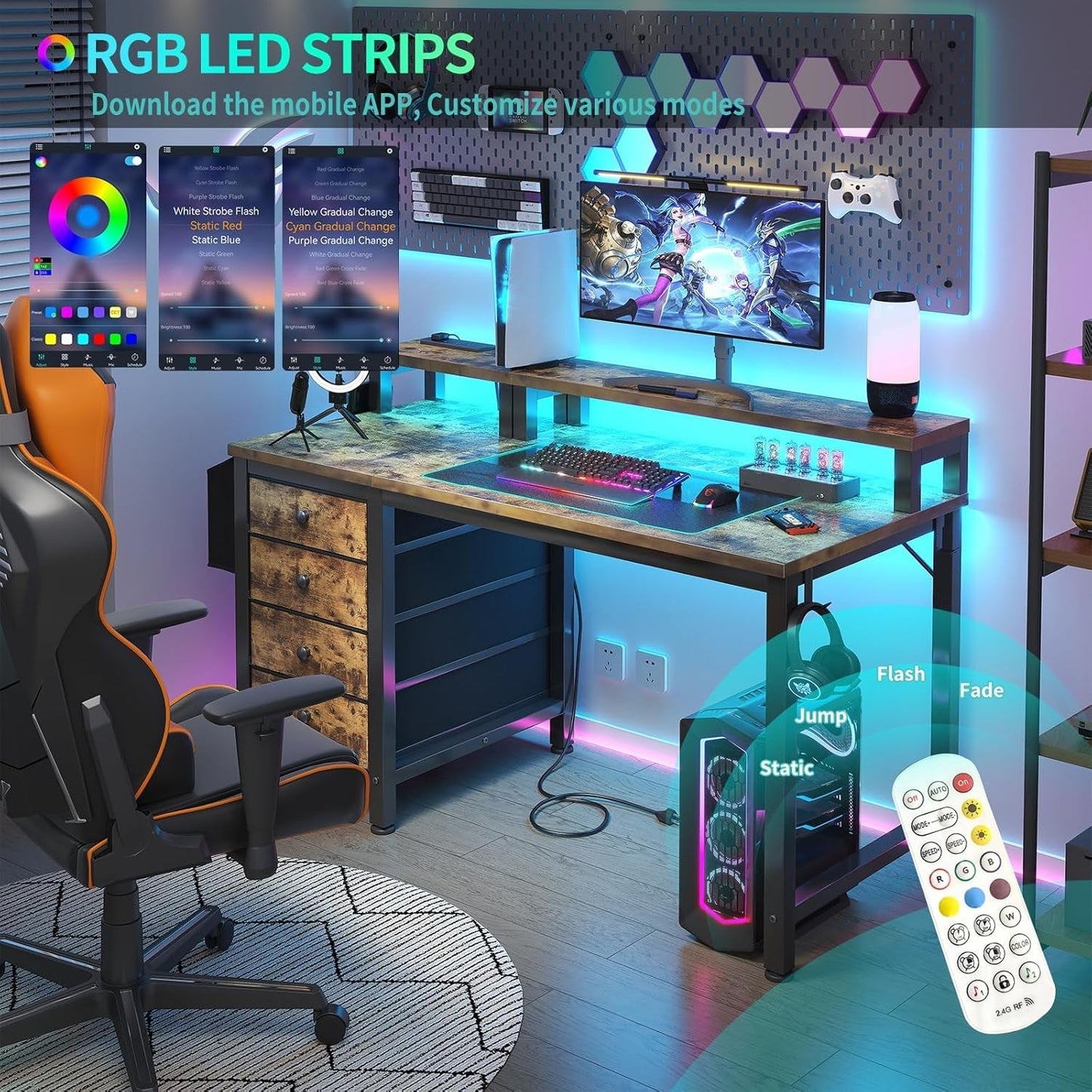 Computer Desk with Fabric Drawers, 47 Inch Home Office Desk with Monitor Stand, Gaming Desk with LED Lights and Power Outlets, Rustic Brown
