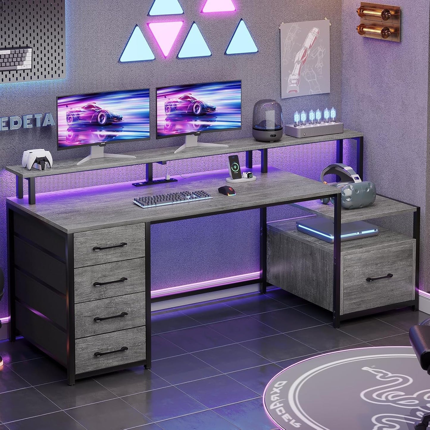 Home Office Desk with File Drawer & Power Outlet, 66'' Computer Desk with 5 Drawer, Storage Shelves, Printer Cabinet and Monitor Shelf, Gaming Desk with Led Lights, Grey