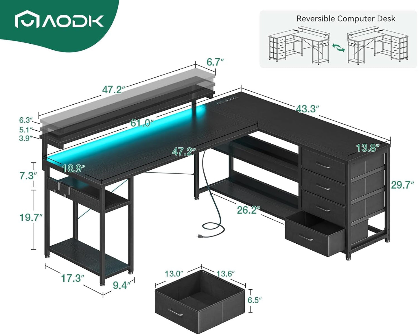 61" L Shaped Desk with Drawer, Computer Desk with Power Outlets & LED Lights, Reversible Corner Gaming Desk for Home Office Workstation, Office Desk with Monitor Shelf, Pure Black