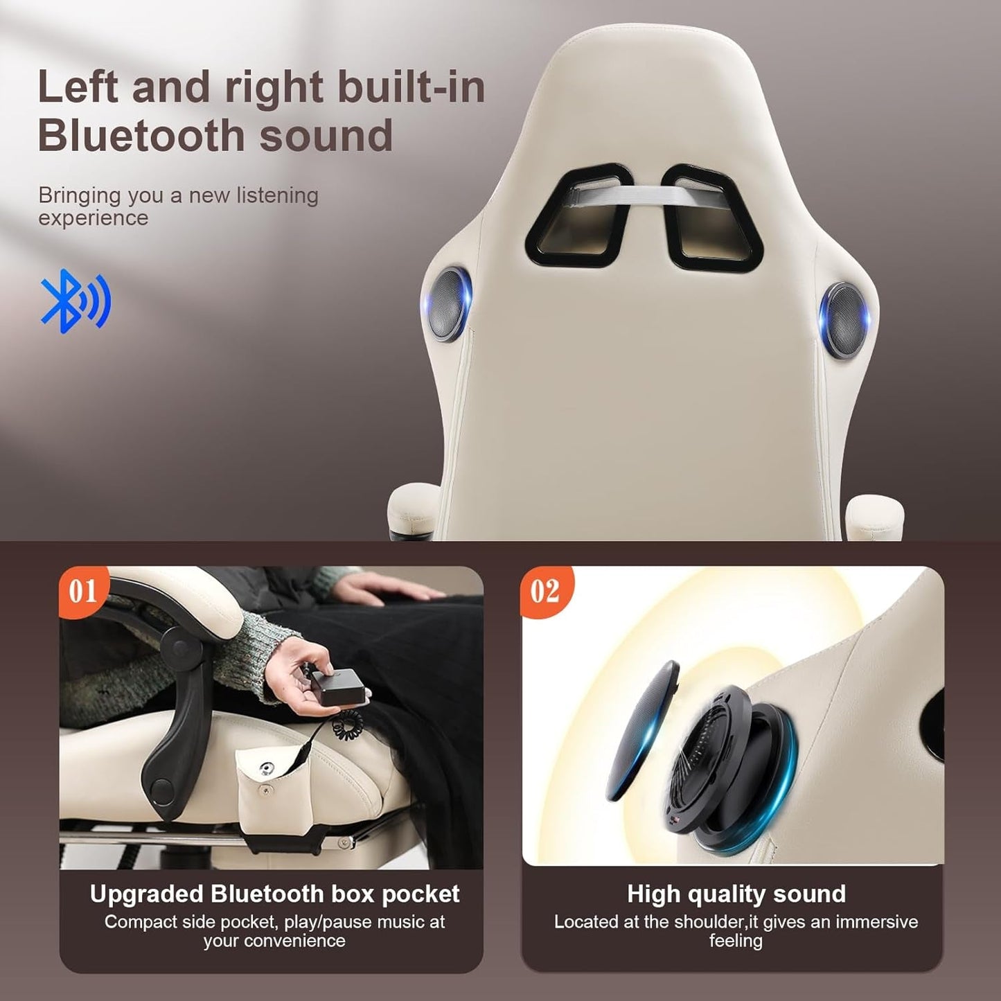 Bluetooth Speaker Gaming Chair with Footrest, Ivory