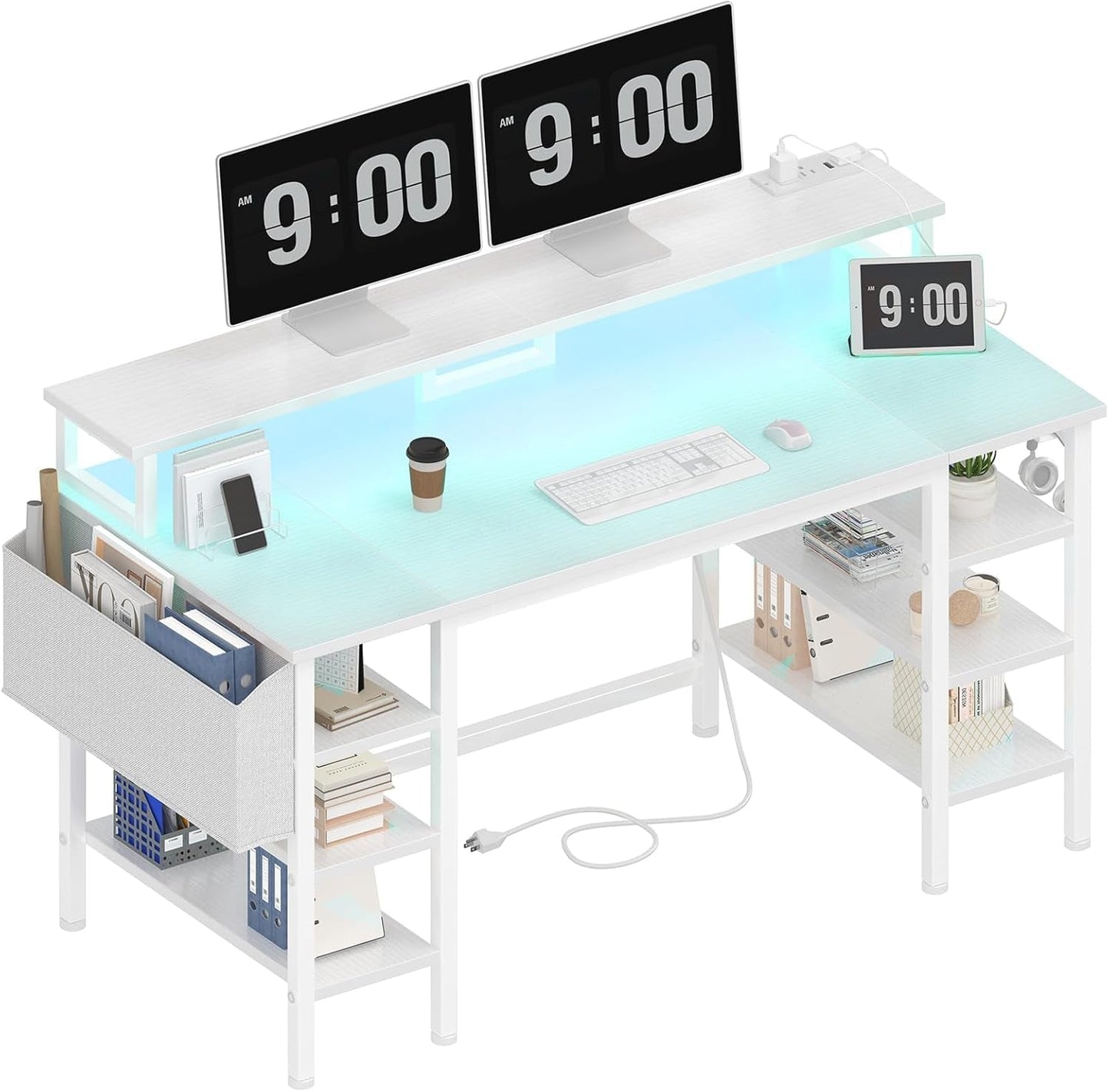 White Desk with Storage Shelves - 47 Inch Home Office Gaming Desk with Monitor Stand, Computer Desk with LED Lights and Power Outlets, White