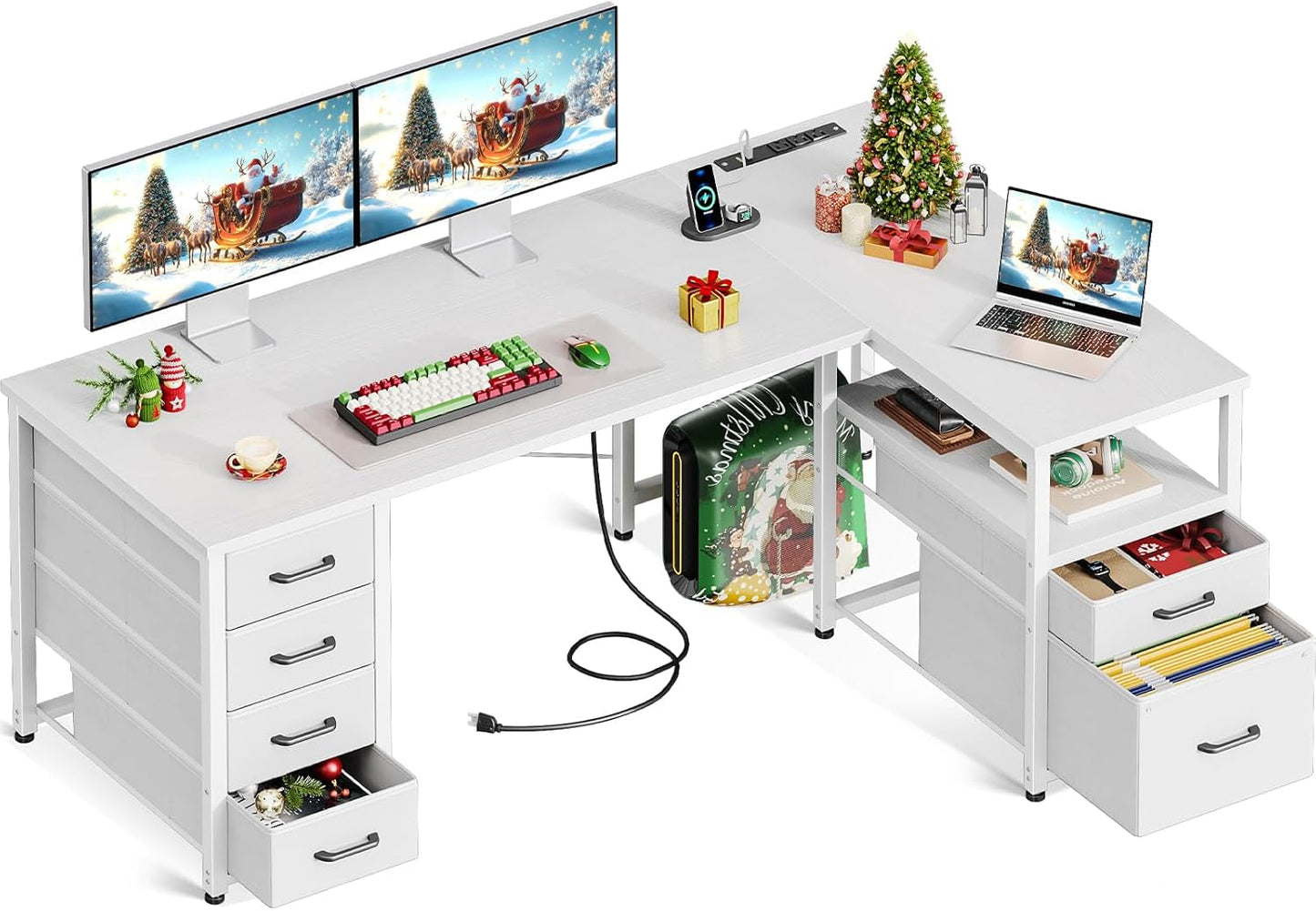 L Shaped Computer Desk with 6 Drawers & Power Outlet, 55 Inch Corner Desk with Reversible Storage Shelf & File Drawer, Home Office Desk, White