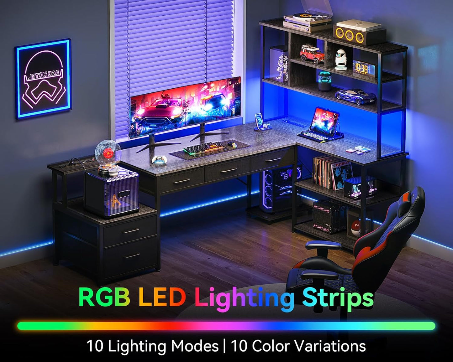 79 Inch L Shaped Desk with File Drawers, Reversible L Shaped Gaming Desk with Power Outlets & LED Lights, Computer Desk with Storage Shelves for Home Office, Grey Oak