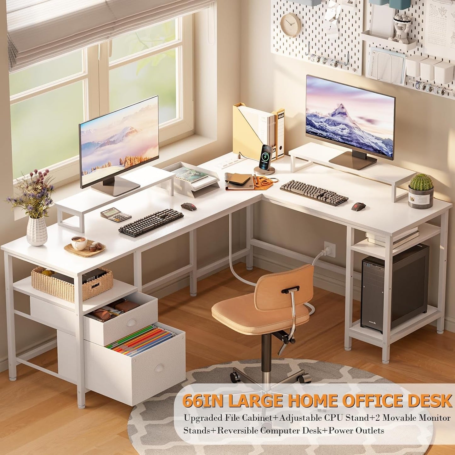 66” L Shaped Desk with Power Outlet, Reversible Computer Gaming Desk with File Drawer & 2 Monitor Stands for Home Office with Storage Shelves, White
