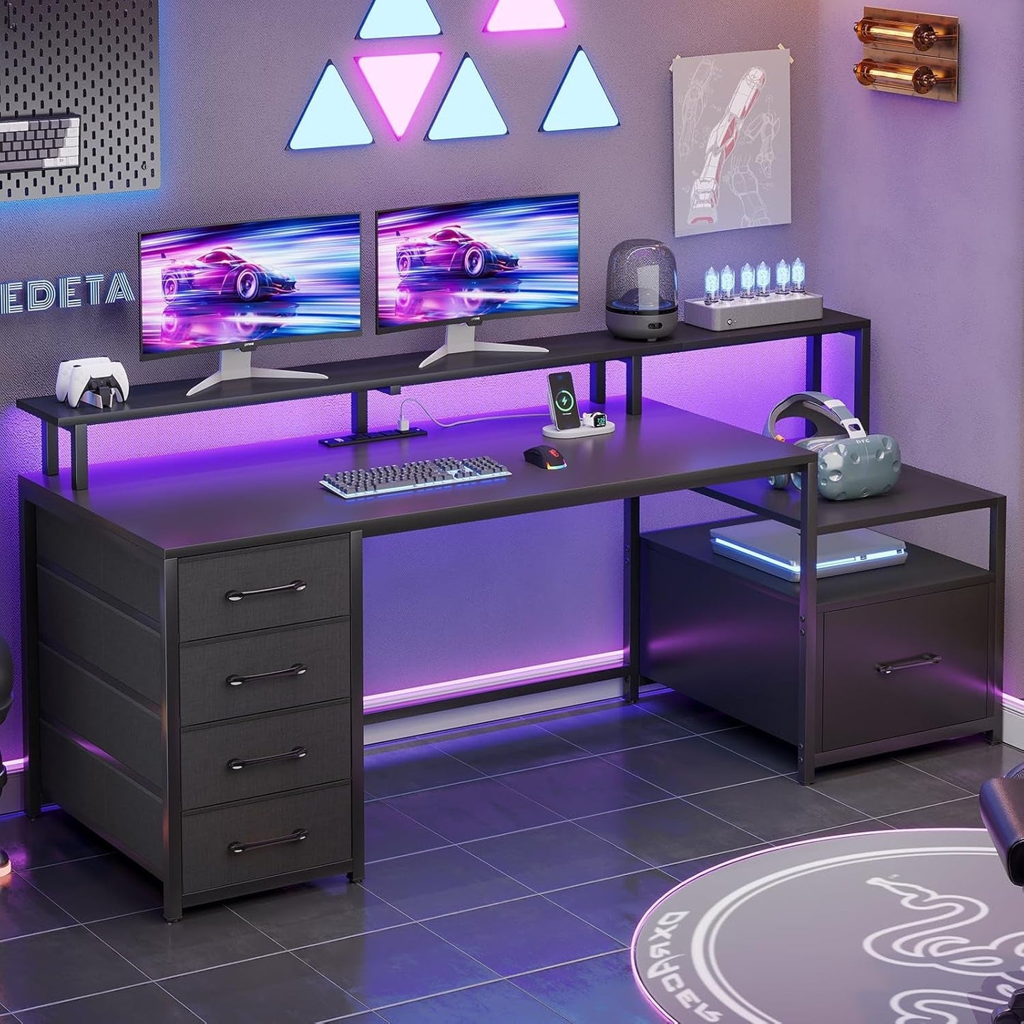 Computer Desk with 5 Drawer, Power Outlet & Led Lights, 66'' Home Office Desk with File Drawer, Storage, Monitor Shelf, Gaming Desk, Black