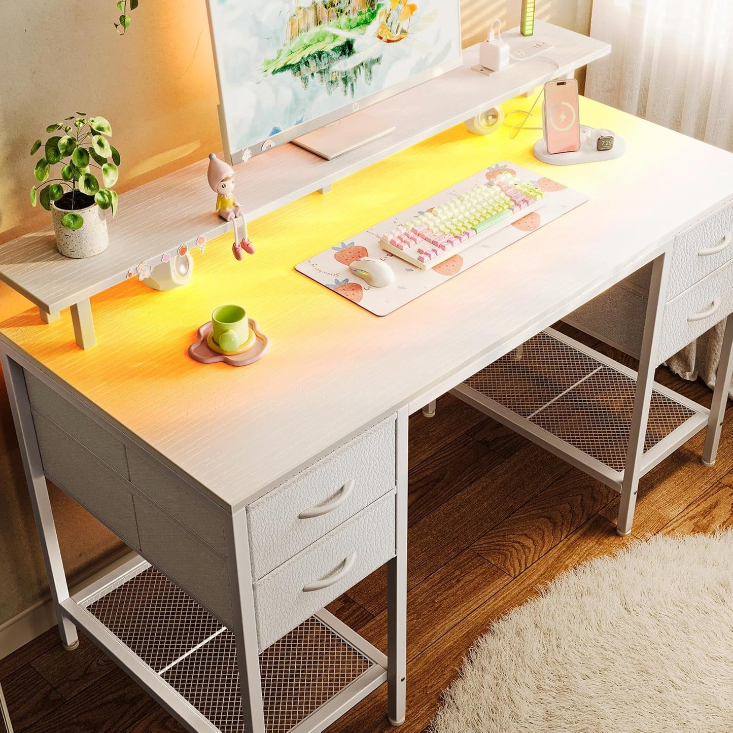 47 Inch Computer Desk with 4 Drawers, Gaming Desk with LED Lights & Power Outlets, Home Office Desk with Large Storage Space for Bedroom, Work from Home, White