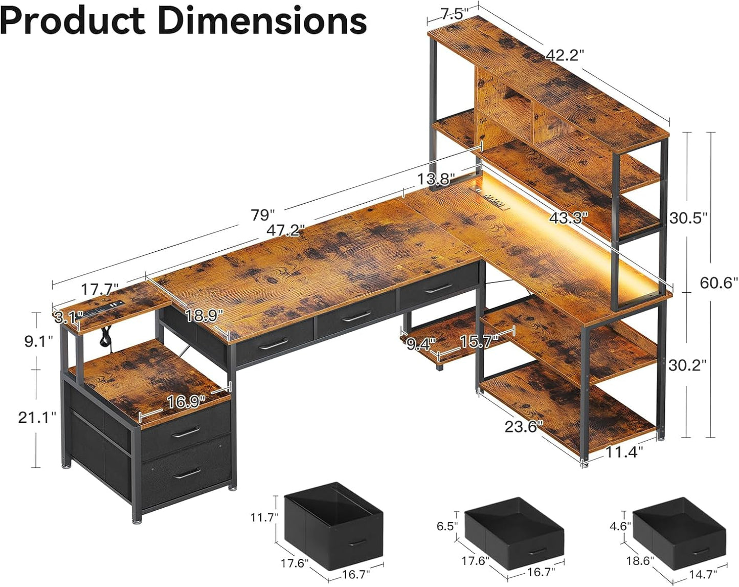 79 Inch L Shaped Desk with File Drawers, Reversible L Shaped Gaming Desk with Power Outlets & LED Lights, Computer Desk with Storage Shelves for Home Office, Vintage