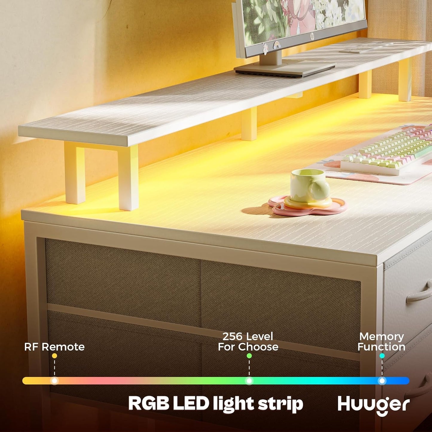 47 Inch Computer Desk with 4 Drawers, Gaming Desk with LED Lights & Power Outlets, Home Office Desk with Large Storage Space for Bedroom, Work from Home, White