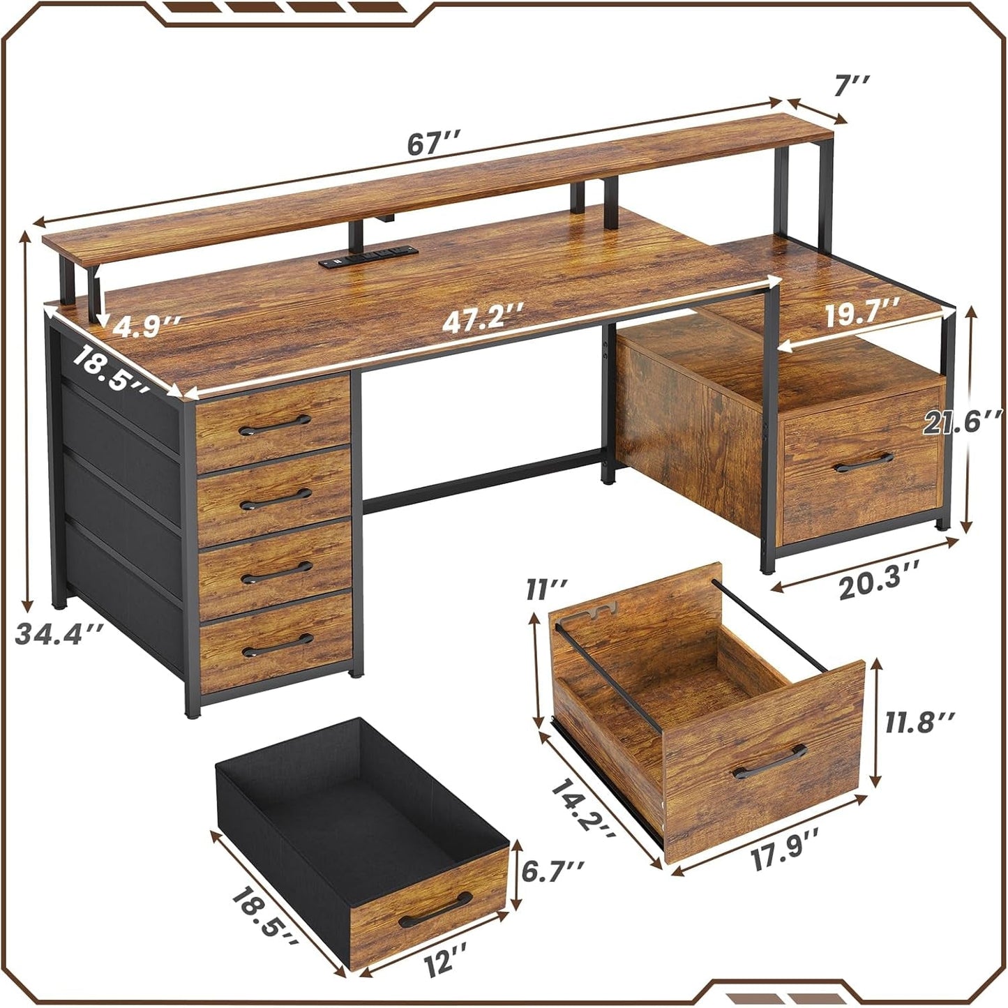 Home Office Desk with File Drawer & Power Outlet, 66'' Computer Desk with 5 Drawer, Storage Shelves, Printer Cabinet and Monitor Shelf, Gaming Desk with Led Lights, Rustic Brown