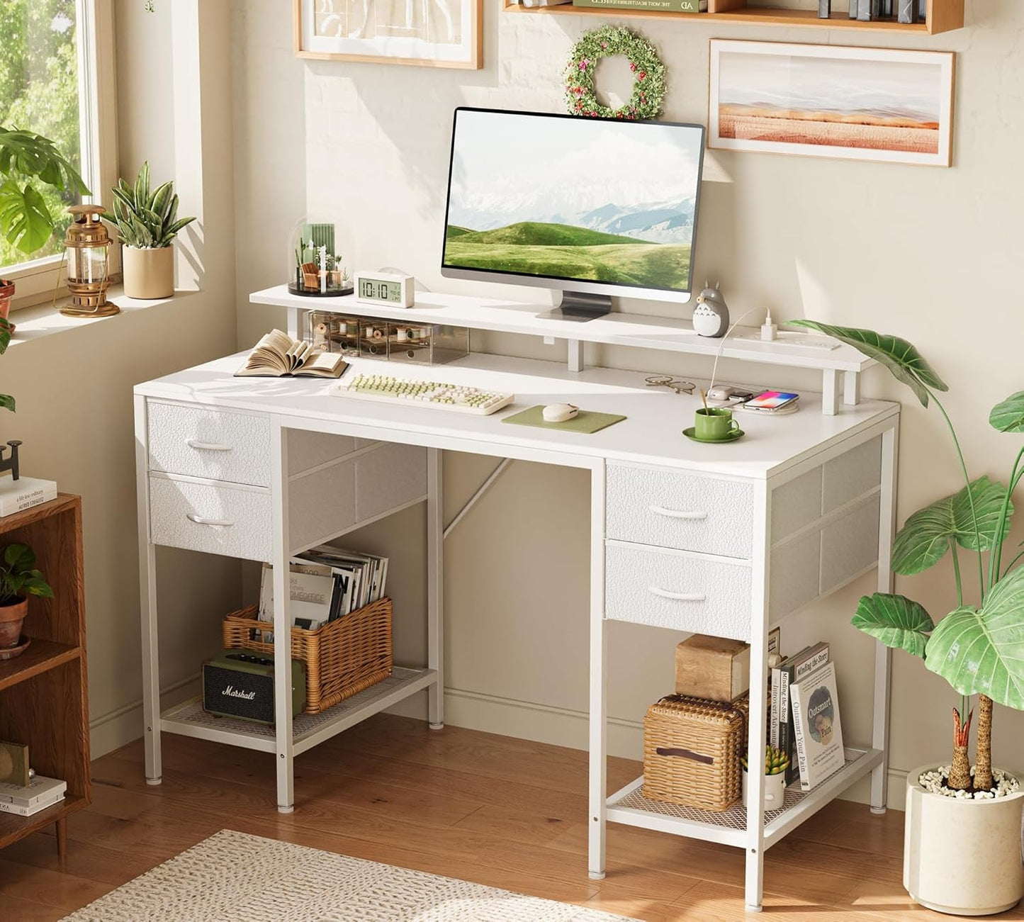 47 Inch Computer Desk with 4 Drawers, Gaming Desk with LED Lights & Power Outlets, Home Office Desk with Large Storage Space for Bedroom, Work from Home, White