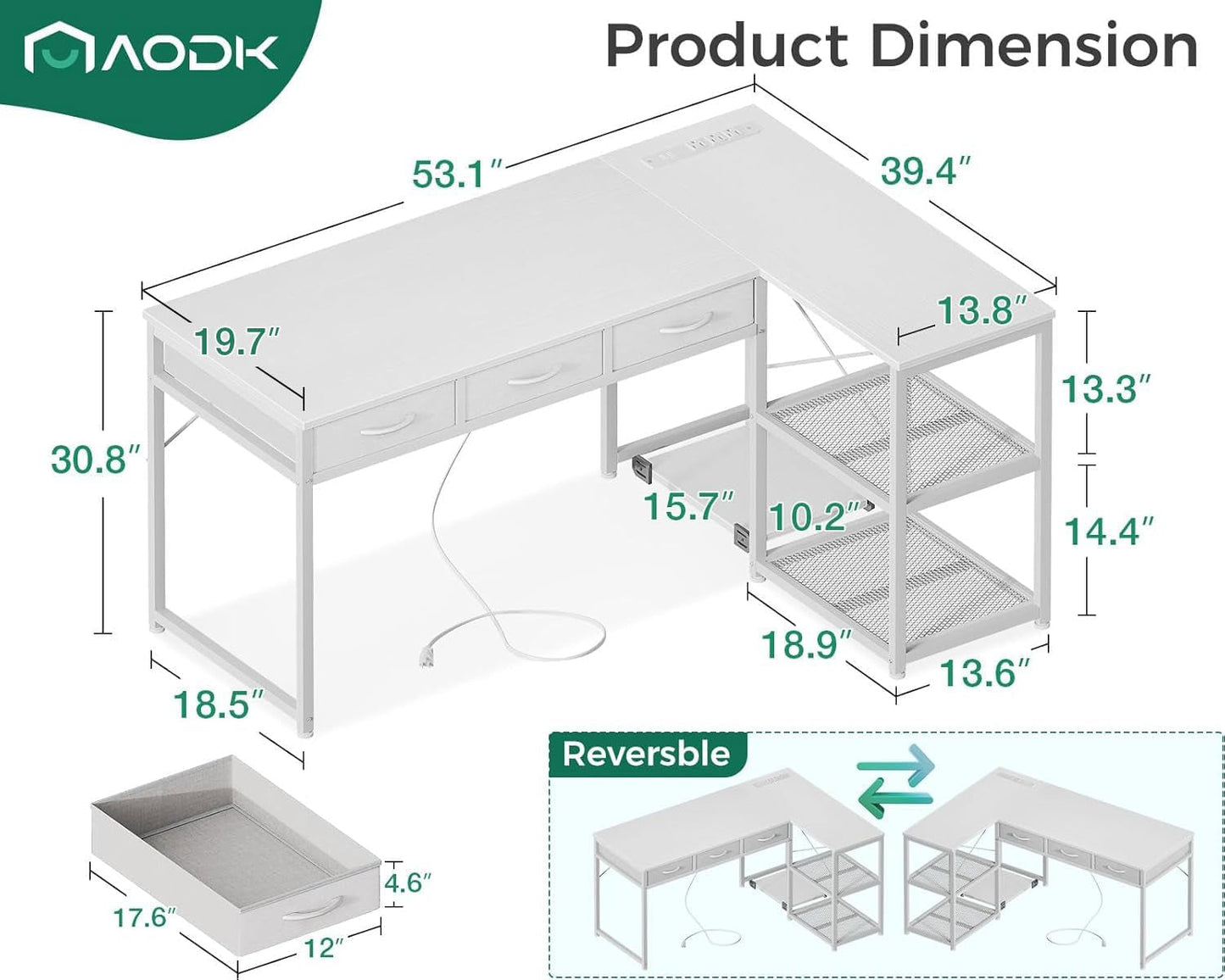 53 Inch L Shaped Computer Desk with Drawers, Corner Desk with Power Outlets & Reversible Storage Shelves, Movable CPU Stand for Home Office Gaming, White