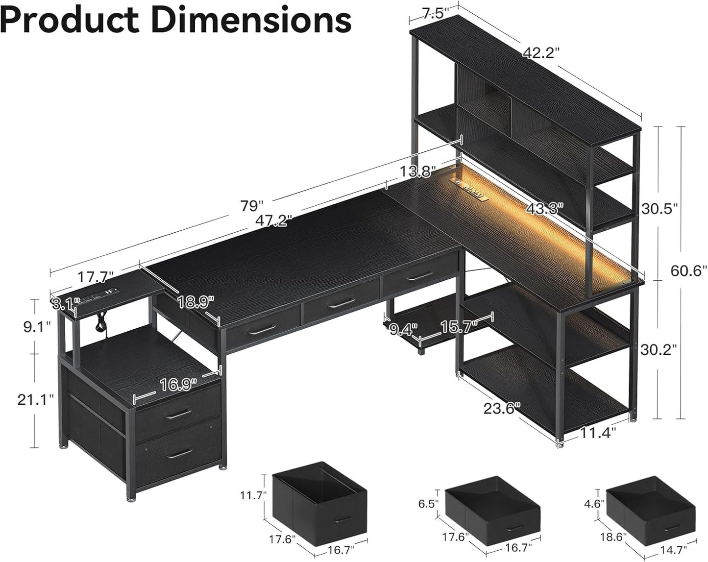 79 Inch L Shaped Desk with File Drawers, Reversible L Shaped Gaming Desk with Power Outlets & LED Lights, Computer Desk with Storage Shelves for Home Office, Black