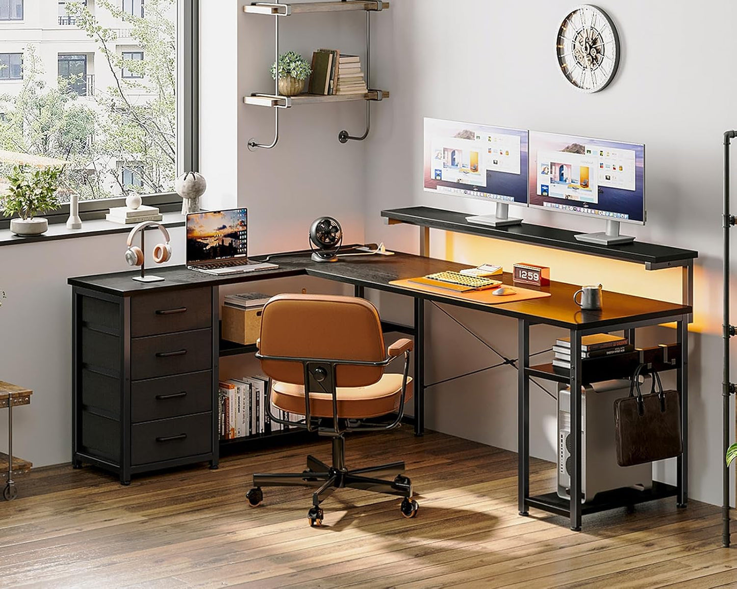 61" L Shaped Desk with Drawer, Computer Desk with Power Outlets & LED Lights, Reversible Corner Gaming Desk for Home Office Workstation, Office Desk with Monitor Shelf, Pure Black