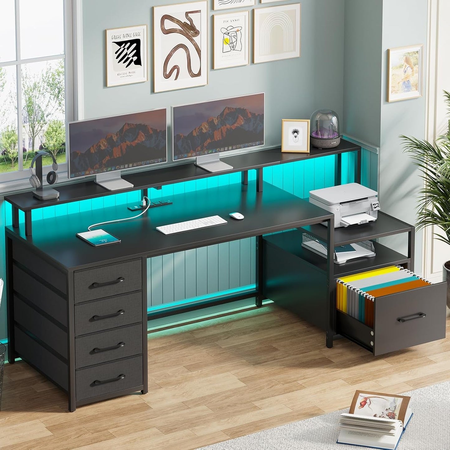Computer Desk with 5 Drawer, Power Outlet & Led Lights, 66'' Home Office Desk with File Drawer, Storage, Monitor Shelf, Gaming Desk, Black