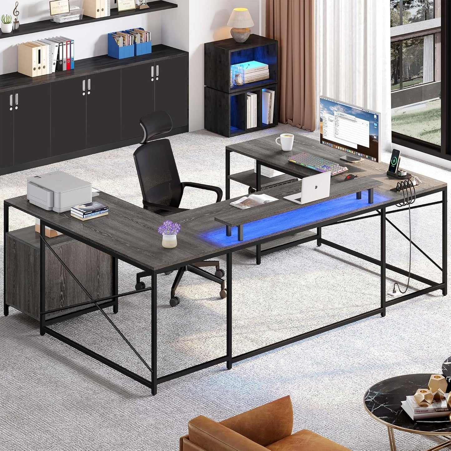 U Shaped Desk with Power Outlets & LED Lights, 79" Reversible L Shaped Desk with Drawers, Corner Computer Desk Office Desk with Monitor Stand & Storage Shelves, Grey