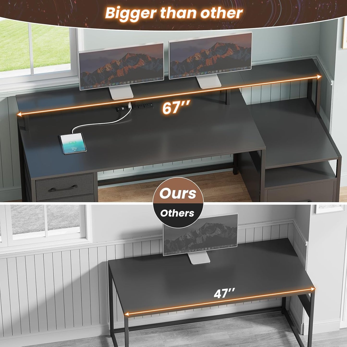 Computer Desk with 5 Drawer, Power Outlet & Led Lights, 66'' Home Office Desk with File Drawer, Storage, Monitor Shelf, Gaming Desk, Black