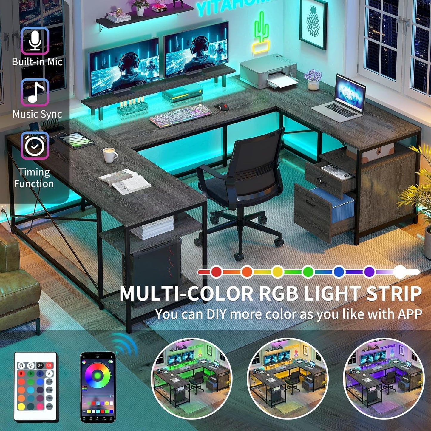 U Shaped Desk with Power Outlets & LED Lights, 79" Reversible L Shaped Desk with Drawers, Corner Computer Desk Office Desk with Monitor Stand & Storage Shelves, Grey