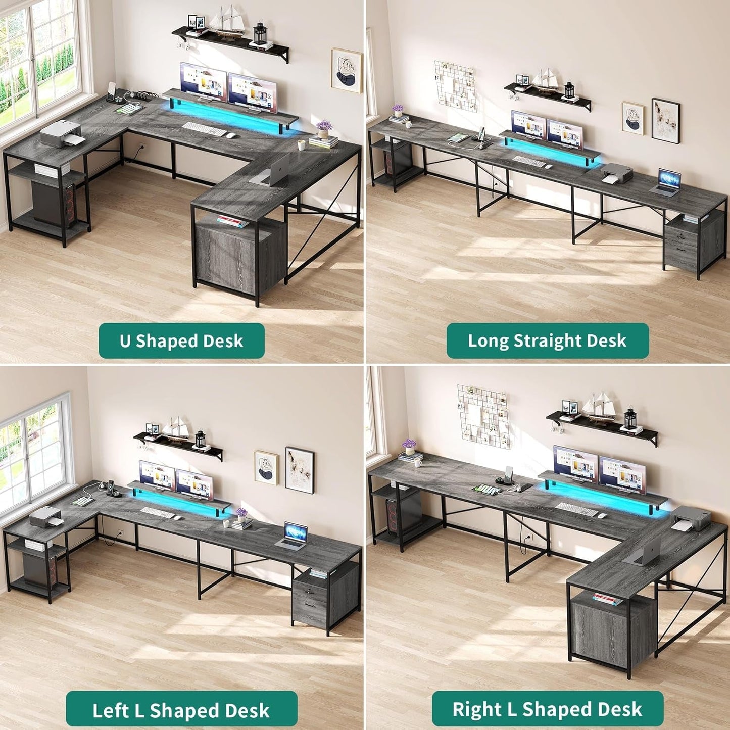 U Shaped Desk with Power Outlets & LED Lights, 79" Reversible L Shaped Desk with Drawers, Corner Computer Desk Office Desk with Monitor Stand & Storage Shelves, Grey