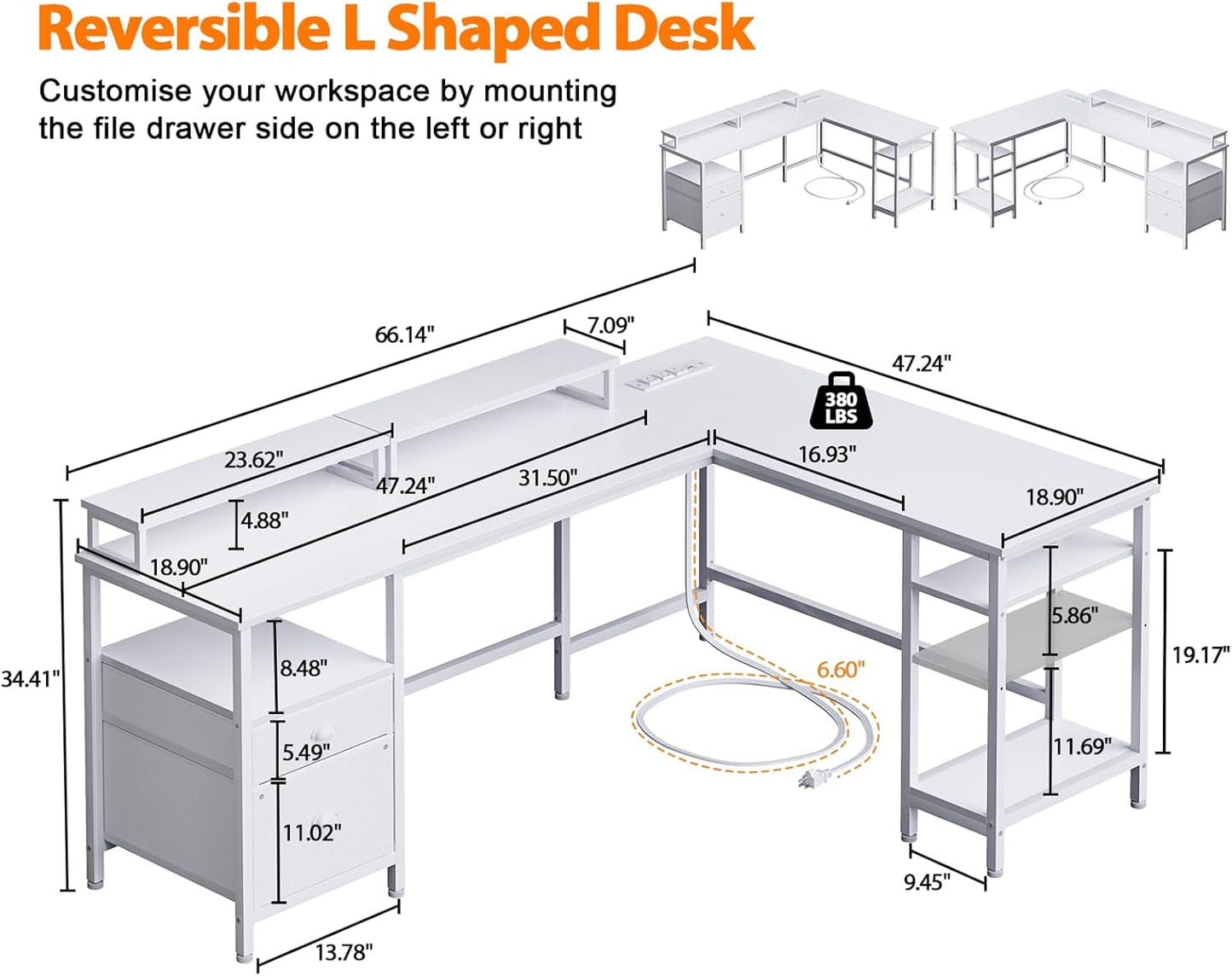 66” L Shaped Desk with Power Outlet, Reversible Computer Gaming Desk with File Drawer & 2 Monitor Stands for Home Office with Storage Shelves, White
