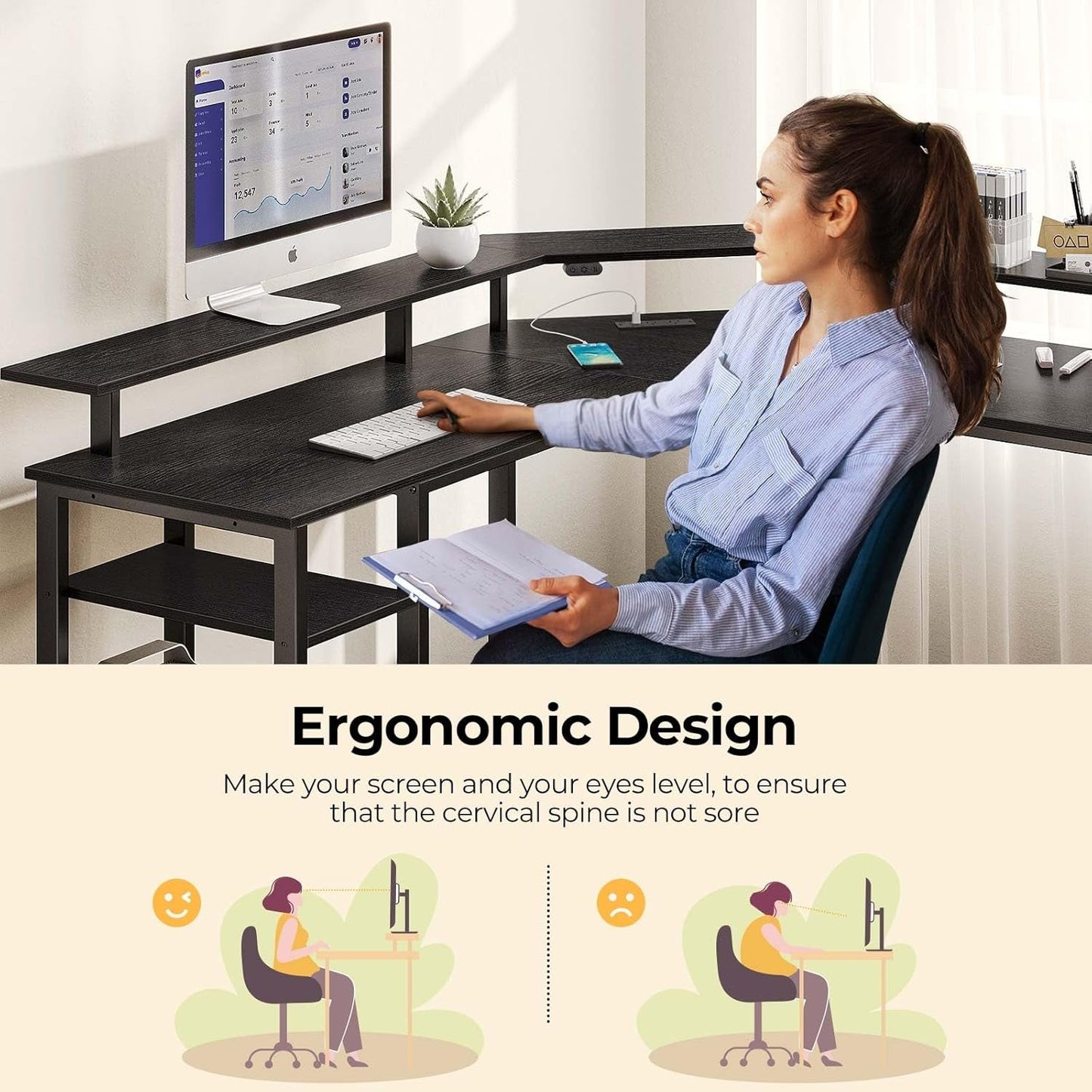 L Shaped Gaming Desk with LED Lights & Power Outlets, 46.2" Computer Desk with Full Monitor Stand & Storage Shelf, Corner Desk with Hooks, Black Desk Reversible