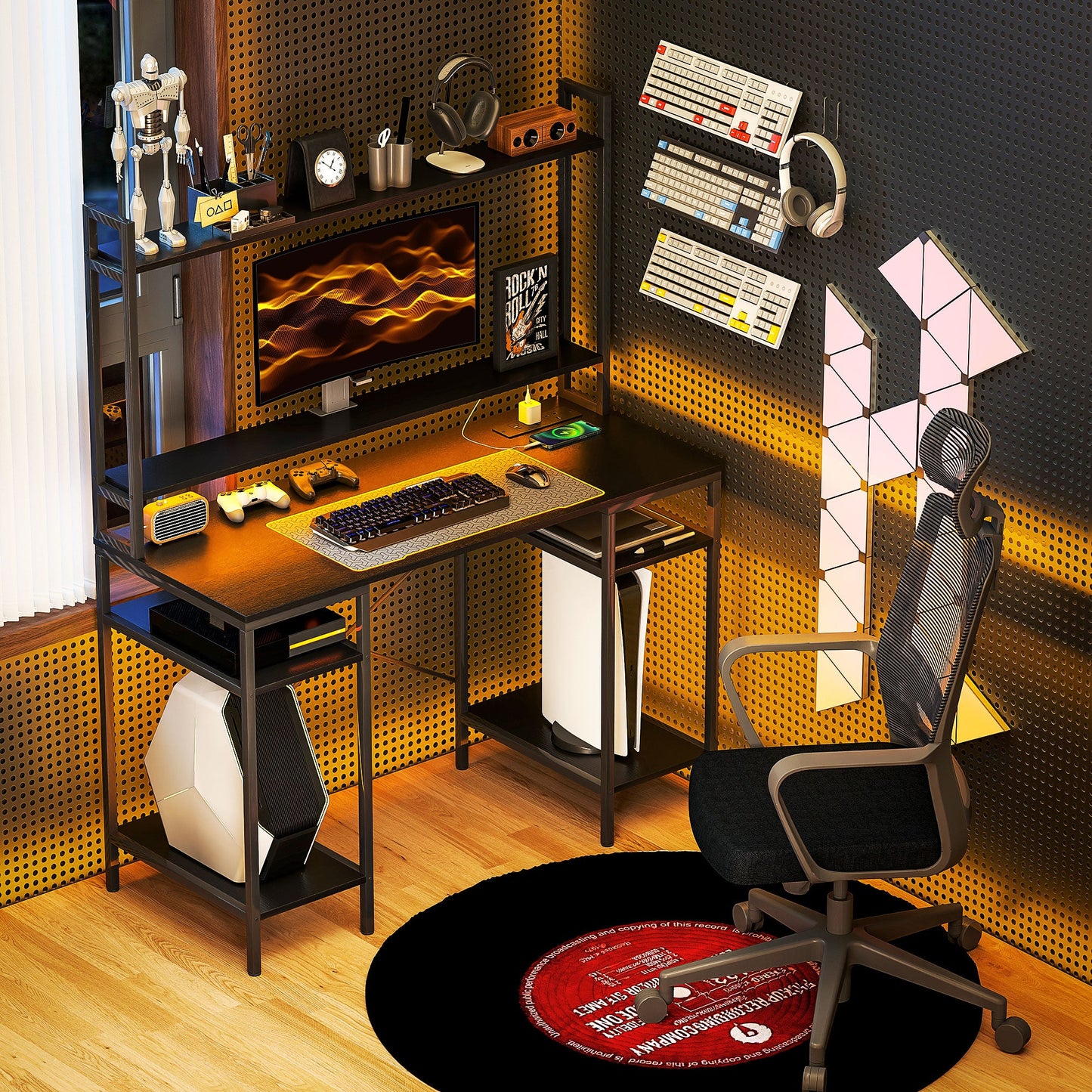 Computer Desk with Power Outlets and LED Lights, Home Office Desk with Monitor Stand and 2 CPU Stands, Study Table Gaming Desk with Hutch, Black