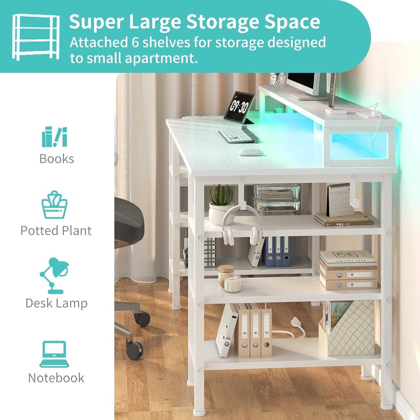 White Desk with Storage Shelves - 47 Inch Home Office Gaming Desk with Monitor Stand, Computer Desk with LED Lights and Power Outlets, White