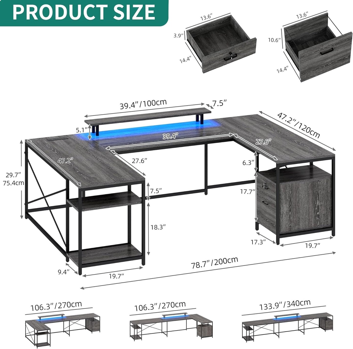 U Shaped Desk with Power Outlets & LED Lights, 79" Reversible L Shaped Desk with Drawers, Corner Computer Desk Office Desk with Monitor Stand & Storage Shelves, Grey