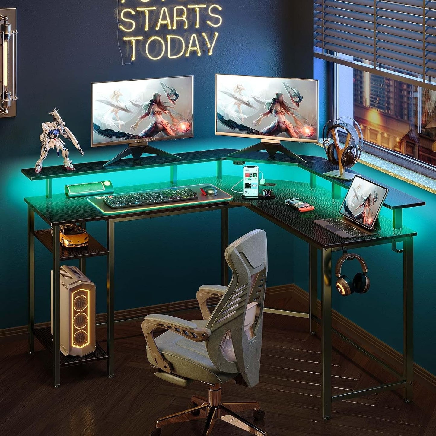 L Shaped Gaming Desk with LED Lights & Power Outlets, 46.2" Computer Desk with Full Monitor Stand & Storage Shelf, Corner Desk with Hooks, Black Desk Reversible