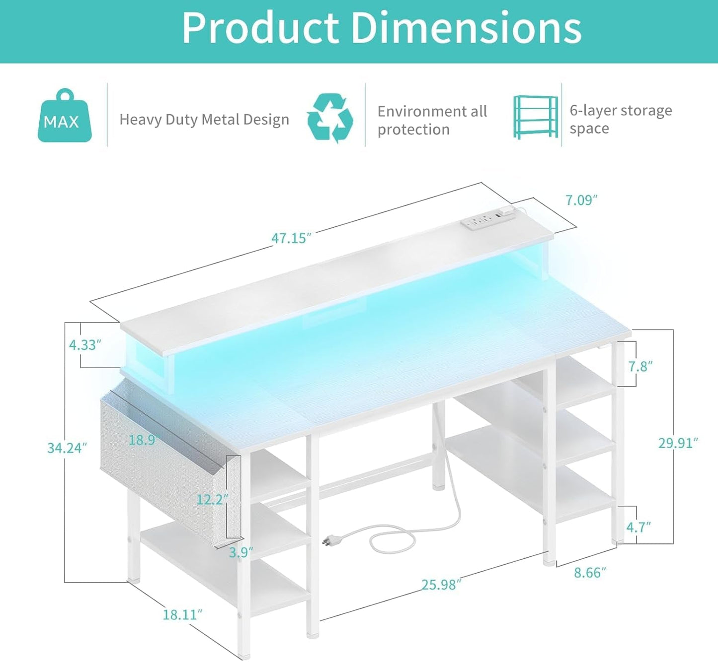 White Desk with Storage Shelves - 47 Inch Home Office Gaming Desk with Monitor Stand, Computer Desk with LED Lights and Power Outlets, White