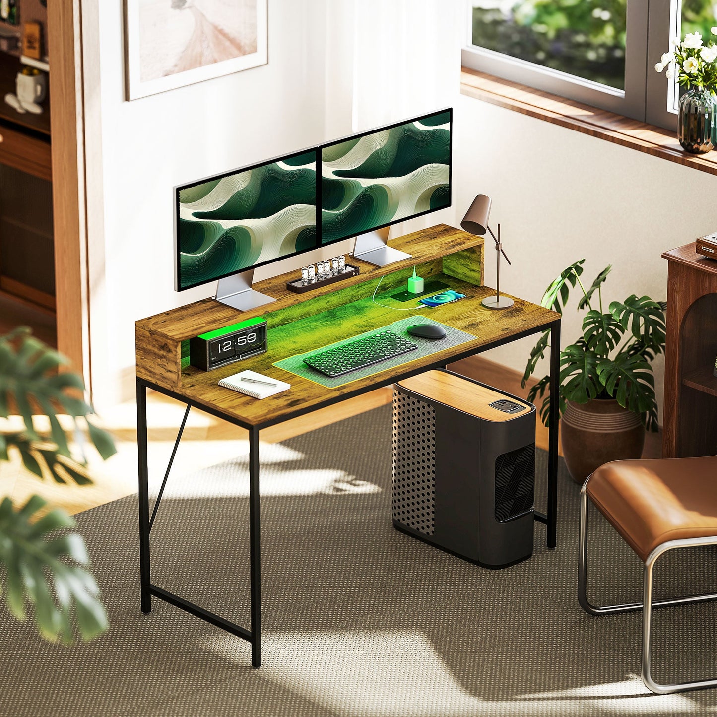 120cm Computer Desk with LED Lights and Power Outlets, Gaming Desk with Monitor Stand, Computer Table with Remote for Home Office Study, Rustic Brown