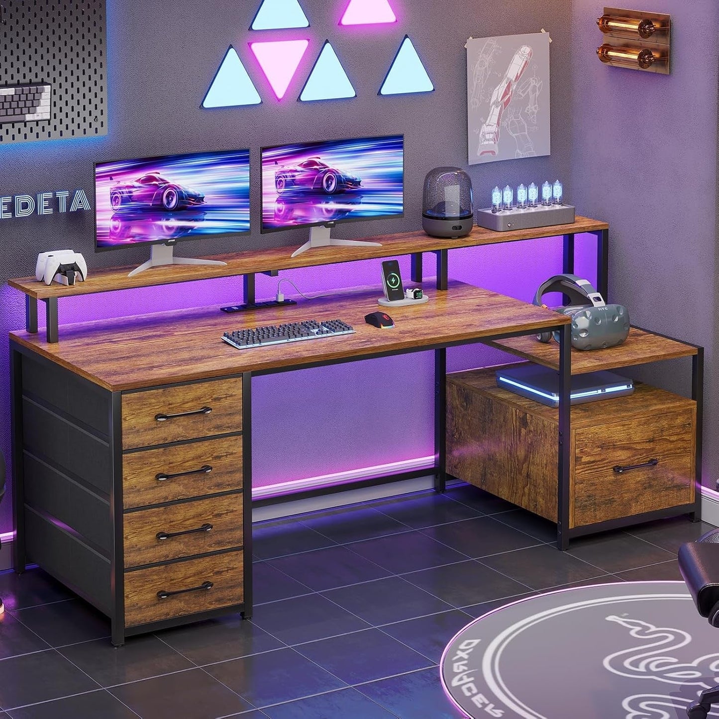 Home Office Desk with File Drawer & Power Outlet, 66'' Computer Desk with 5 Drawer, Storage Shelves, Printer Cabinet and Monitor Shelf, Gaming Desk with Led Lights, Rustic Brown