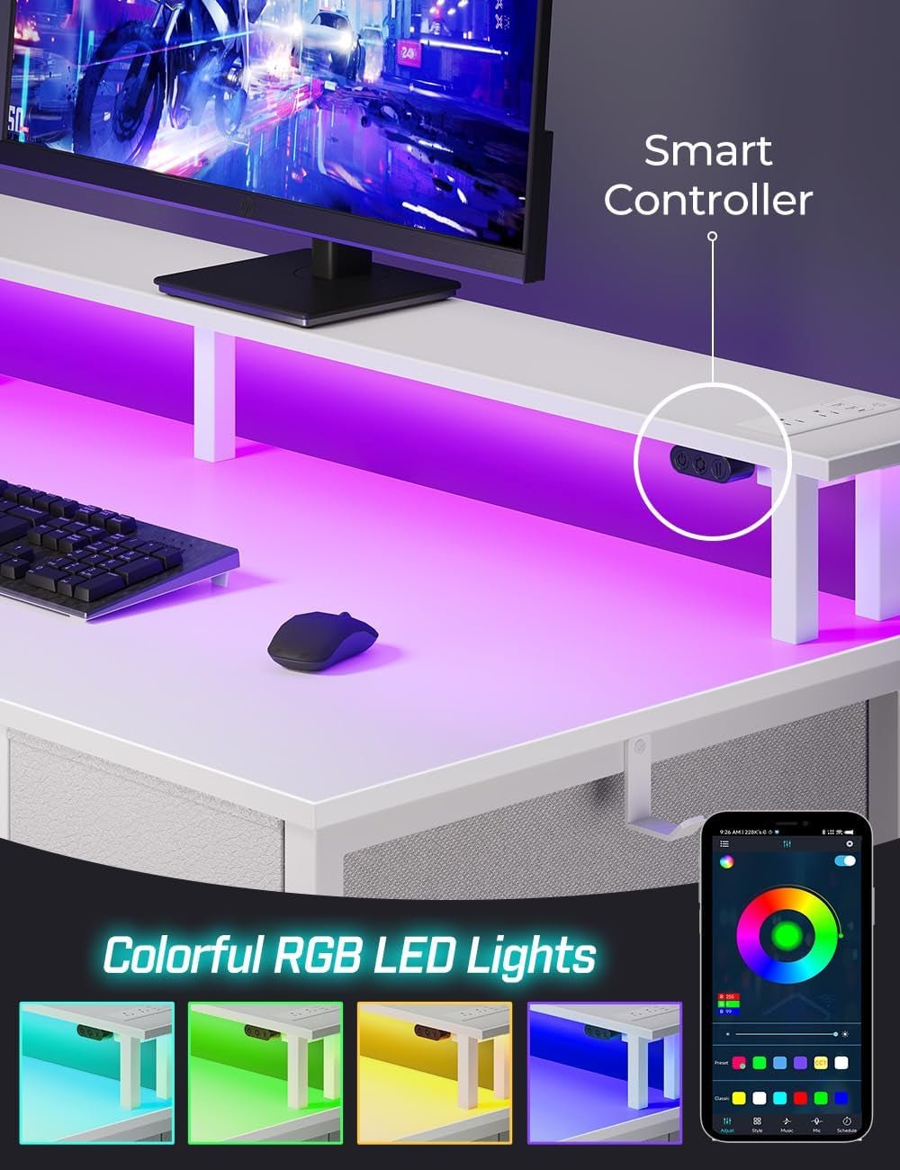 Computer Desk with Power Outlets and LED Light