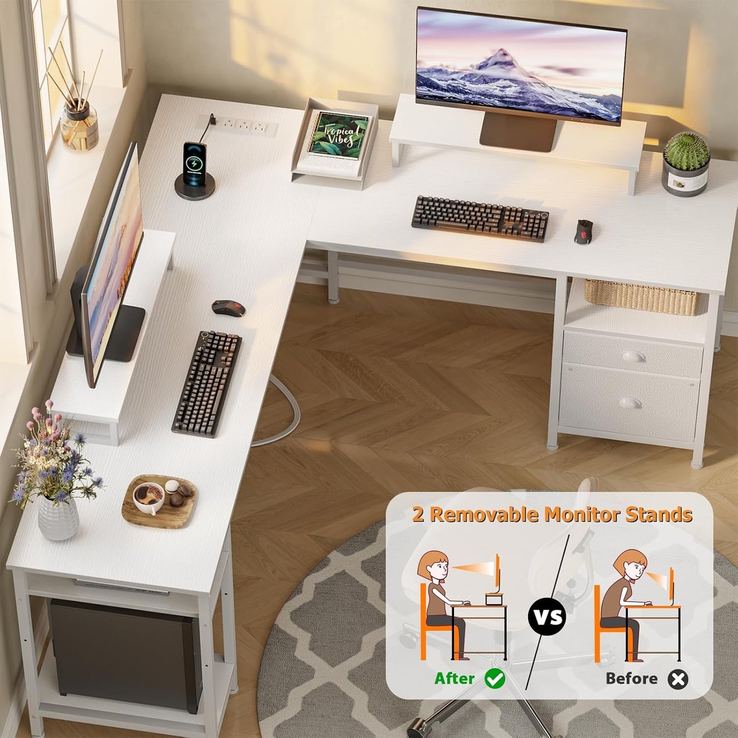 66” L Shaped Desk with Power Outlet, Reversible Computer Gaming Desk with File Drawer & 2 Monitor Stands for Home Office with Storage Shelves, White