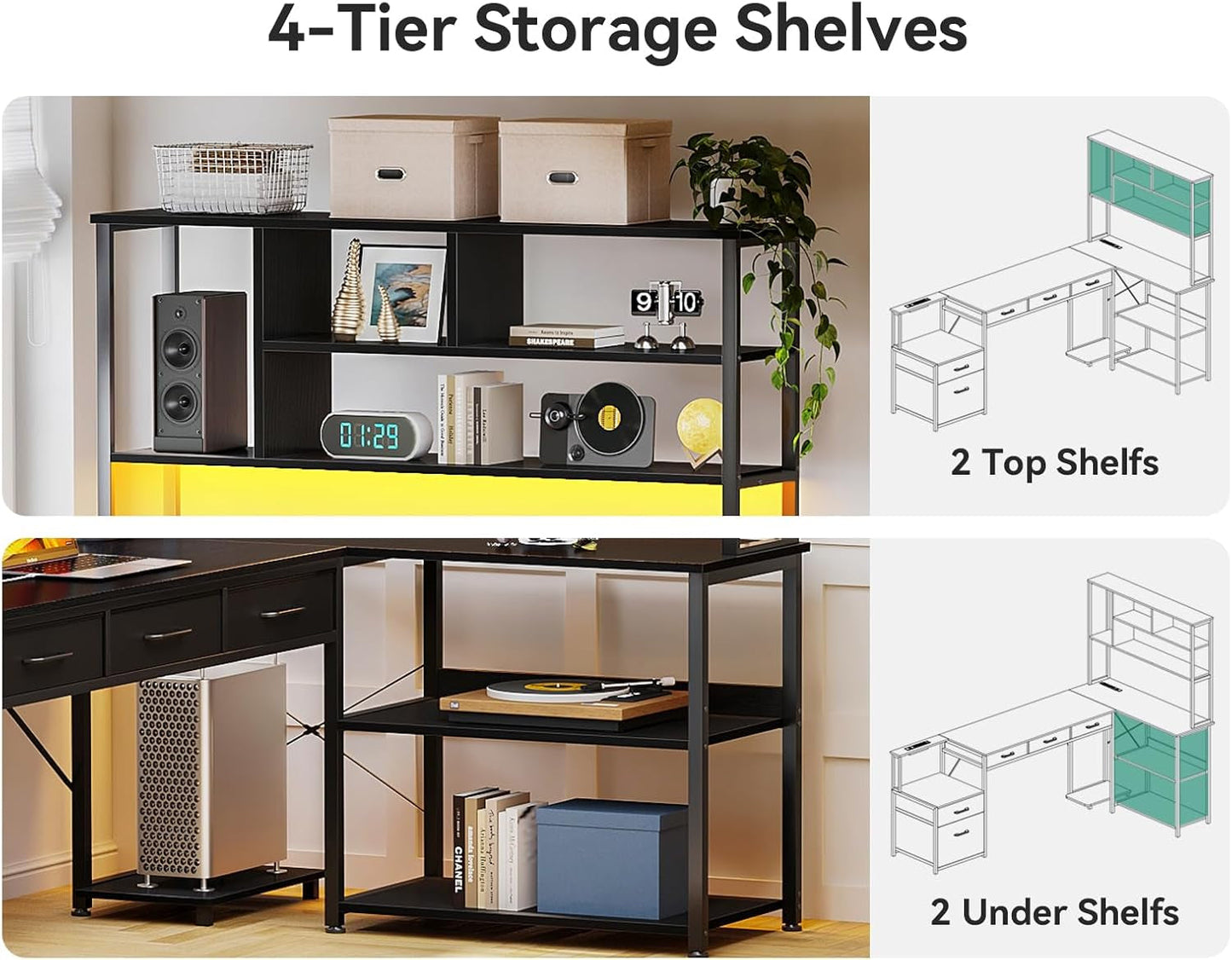 79 Inch L Shaped Desk with File Drawers, Reversible L Shaped Gaming Desk with Power Outlets & LED Lights, Computer Desk with Storage Shelves for Home Office, Black