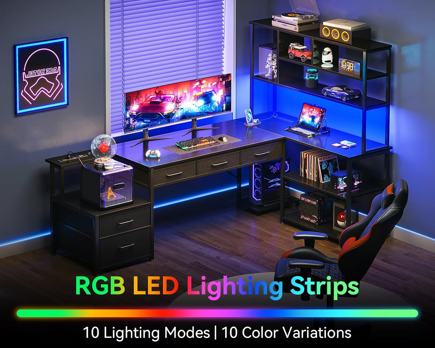 79 Inch L Shaped Desk with File Drawers, Reversible L Shaped Gaming Desk with Power Outlets & LED Lights, Computer Desk with Storage Shelves for Home Office, Black