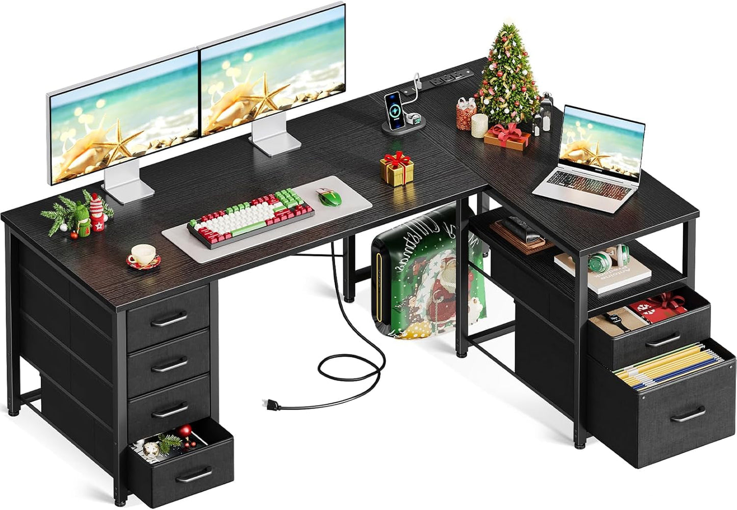 L Shaped Computer Desk with 6 Drawers & Power Outlet, 55 Inch Corner Desk with Reversible Storage Shelf & File Drawer, Home Office Desk, Black
