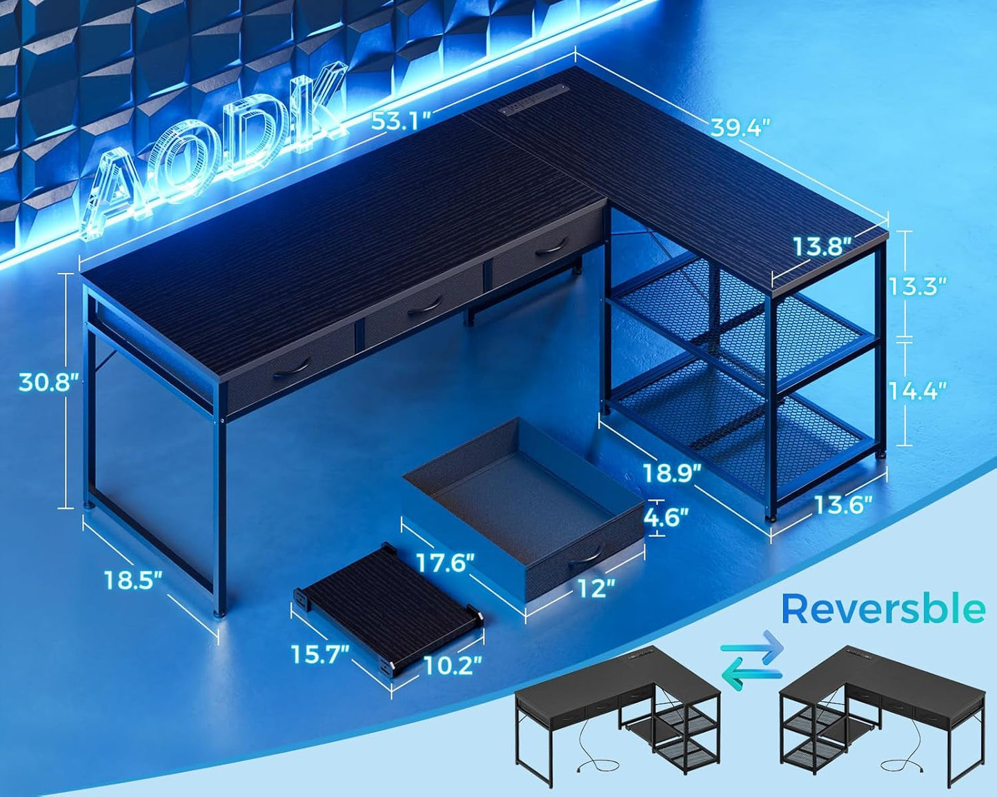 53 Inch L Shaped Computer Desk with Drawers, Corner Desk with Power Outlets & Reversible Storage Shelves, Movable CPU Stand for Home Office Gaming, Black