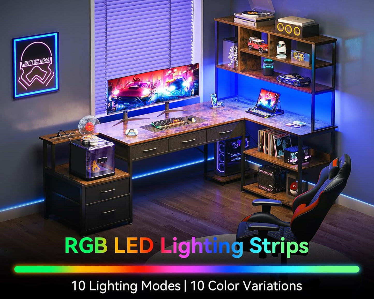 79 Inch L Shaped Desk with File Drawers, Reversible L Shaped Gaming Desk with Power Outlets & LED Lights, Computer Desk with Storage Shelves for Home Office, Vintage