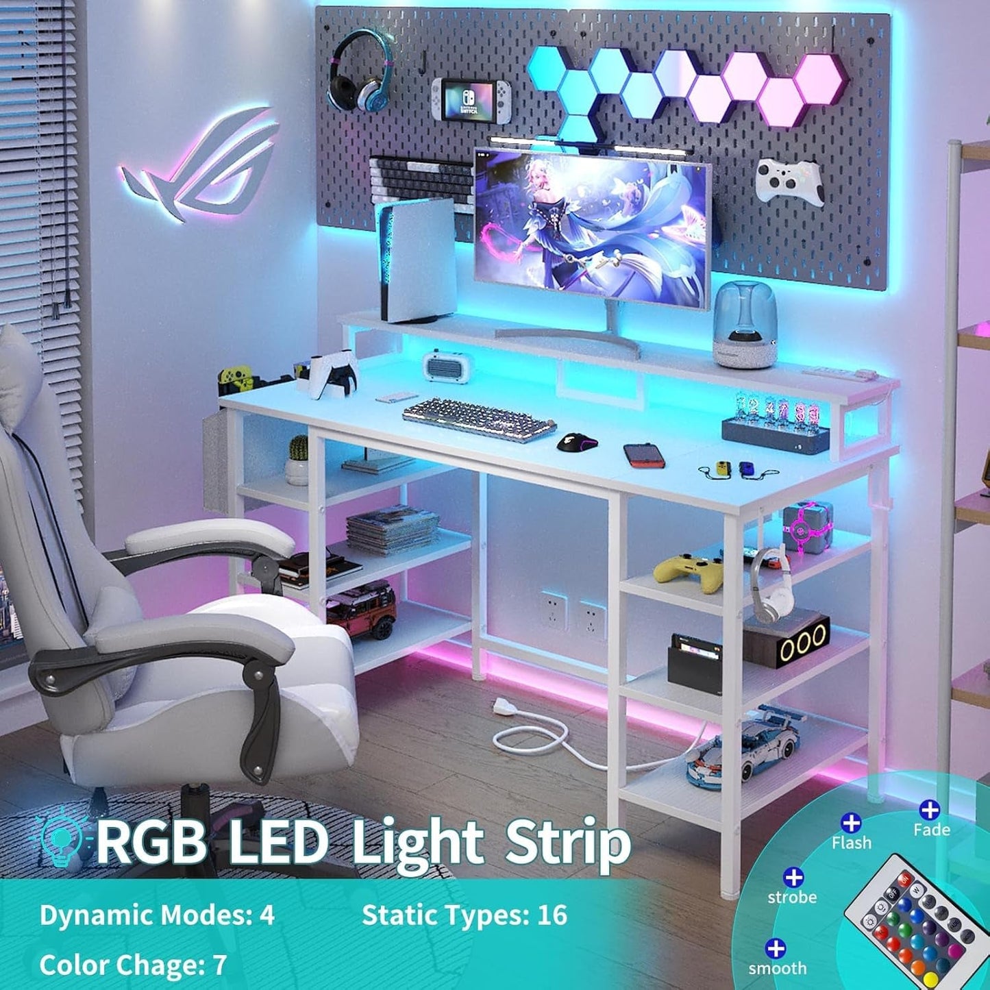 White Desk with Storage Shelves - 47 Inch Home Office Gaming Desk with Monitor Stand, Computer Desk with LED Lights and Power Outlets, White