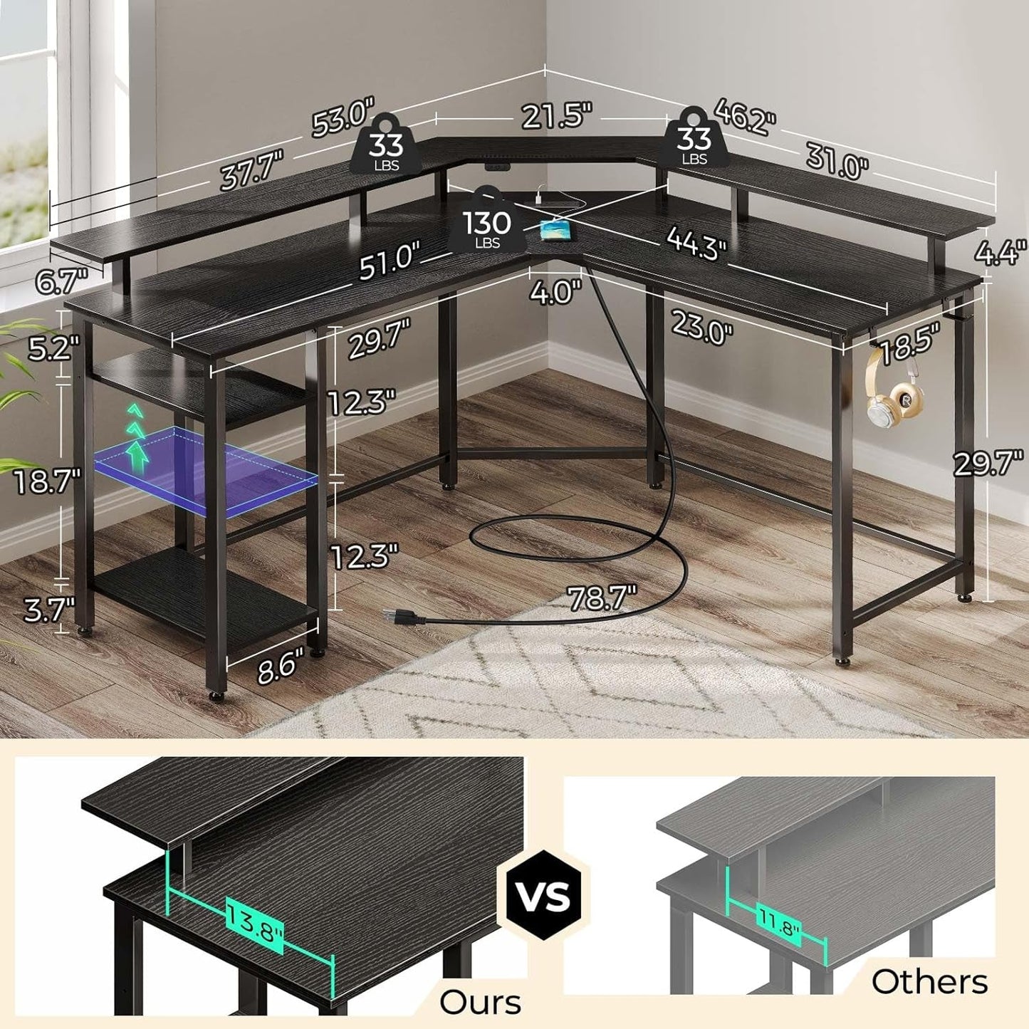 L Shaped Gaming Desk with LED Lights & Power Outlets, 46.2" Computer Desk with Full Monitor Stand & Storage Shelf, Corner Desk with Hooks, Black Desk Reversible